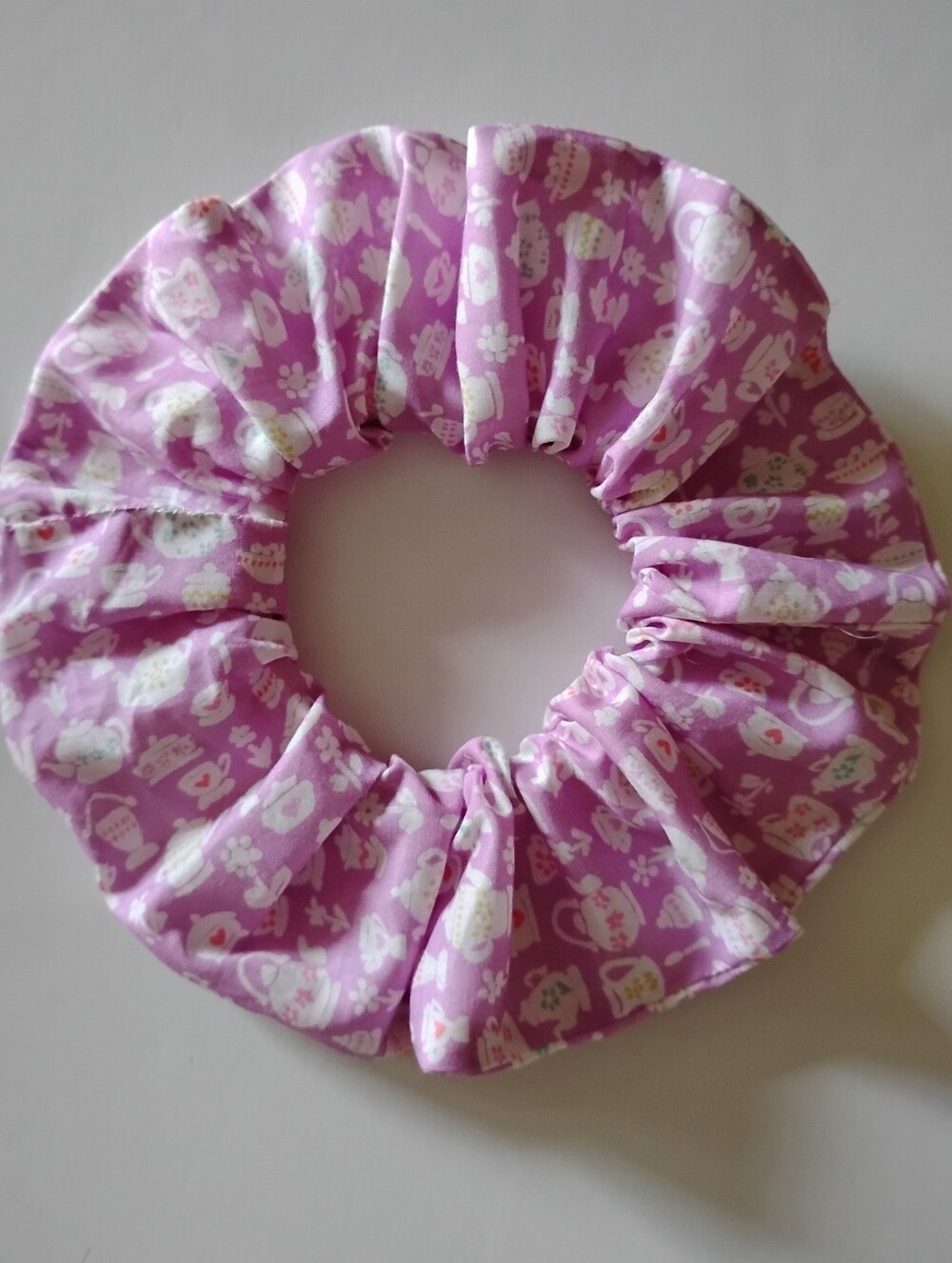 Liberty Art Fabric Scrunchie Suzy Elizabeth Teapots Cottagecore Bespoke Pink